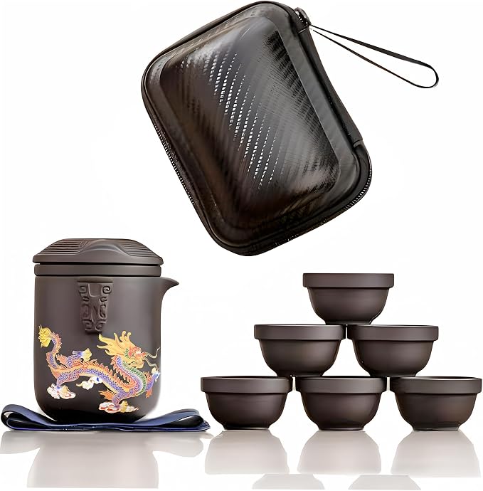 Portable Chinese Kung Fu Tea Set with Travel Case – Ceramic Tea Cups & Tea Brewing Mug Set for Home, Office & Outdoor Use