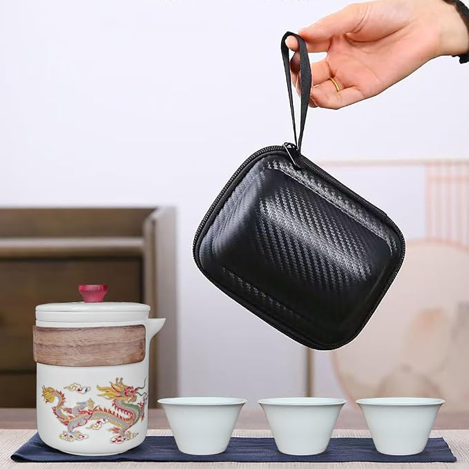 Portable Chinese Kung Fu Tea Set with Travel Case – Ceramic Tea Cups & Tea Brewing Mug Set for Home, Office & Outdoor Use