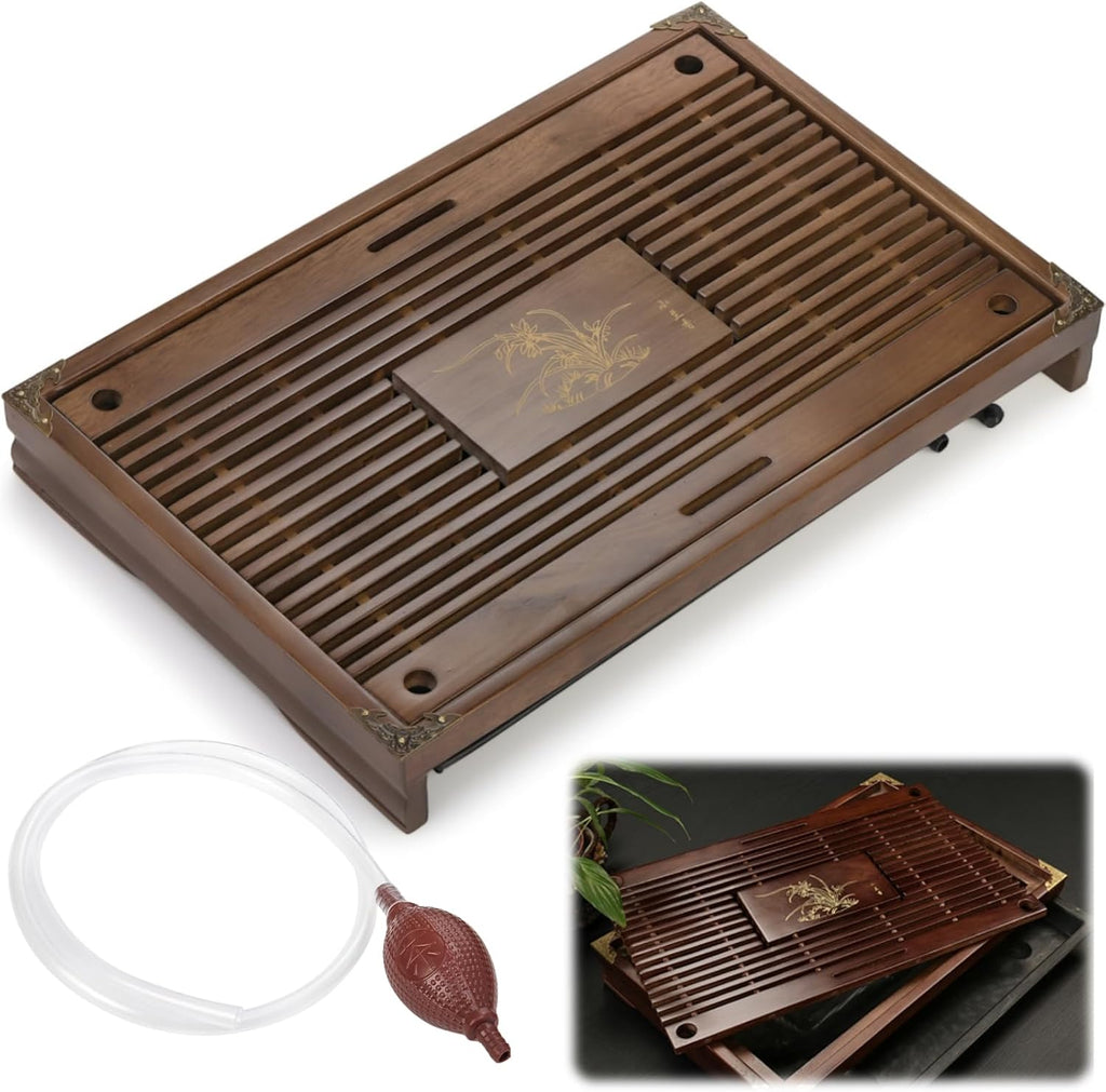 Wooden Gongfu Tea Tray with Drainage System – Traditional Tea Serving Tray for Tea Ceremony, Tea Table & Loose Leaf Tea Brewing