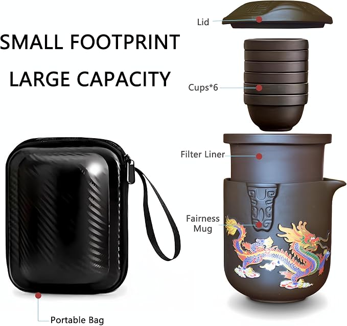 Portable Chinese Kung Fu Tea Set with Travel Case – Ceramic Tea Cups & Tea Brewing Mug Set for Home, Office & Outdoor Use