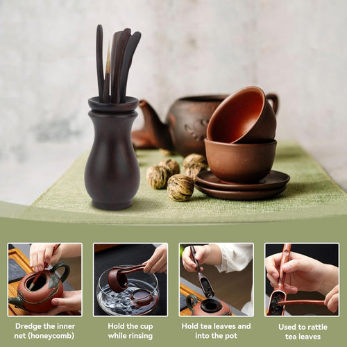Wooden Tea Tool Set with Holder – Tea Scoop, Tea Pick & Tea Accessories Organizer for Gongfu Tea Ceremony