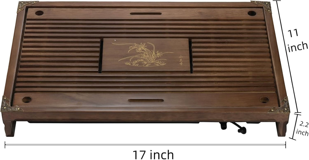 Wooden Gongfu Tea Tray with Drainage System – Traditional Tea Serving Tray for Tea Ceremony, Tea Table & Loose Leaf Tea Brewing