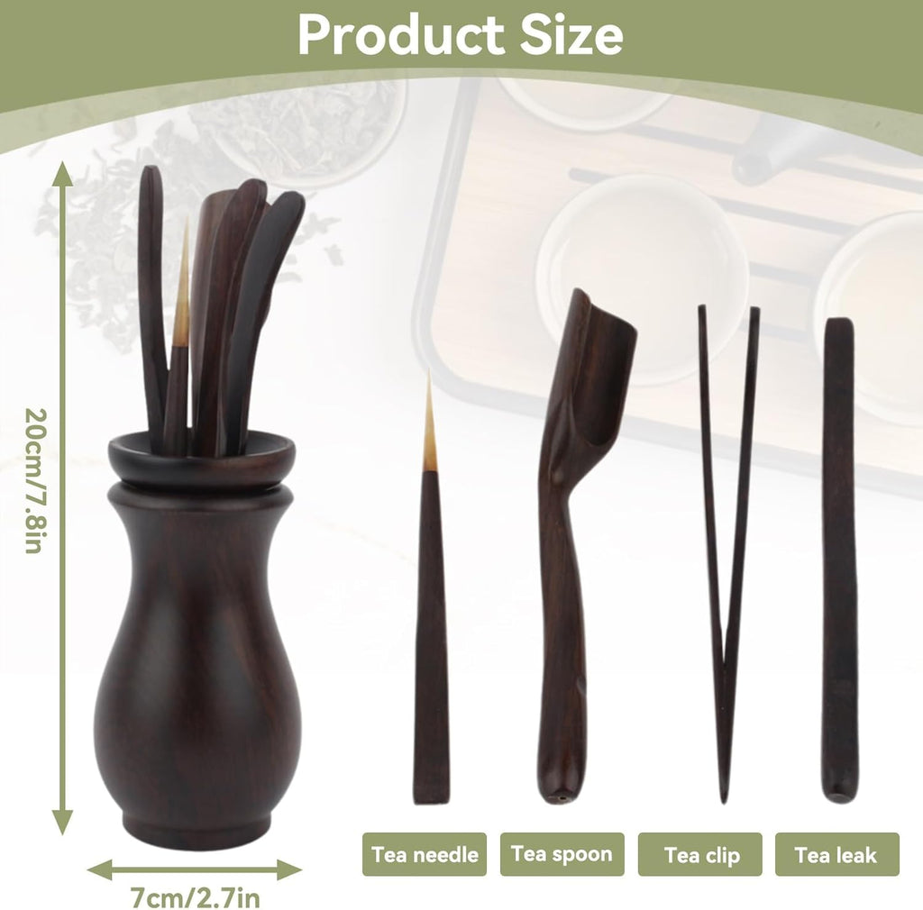 Wooden Tea Tool Set with Holder – Tea Scoop, Tea Pick & Tea Accessories Organizer for Gongfu Tea Ceremony