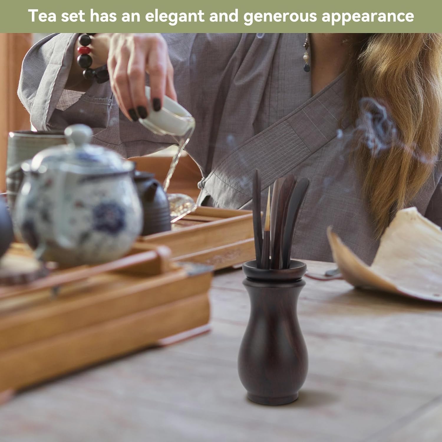 Wooden Tea Tool Set with Holder – Tea Scoop, Tea Pick & Tea Accessories Organizer for Gongfu Tea Ceremony