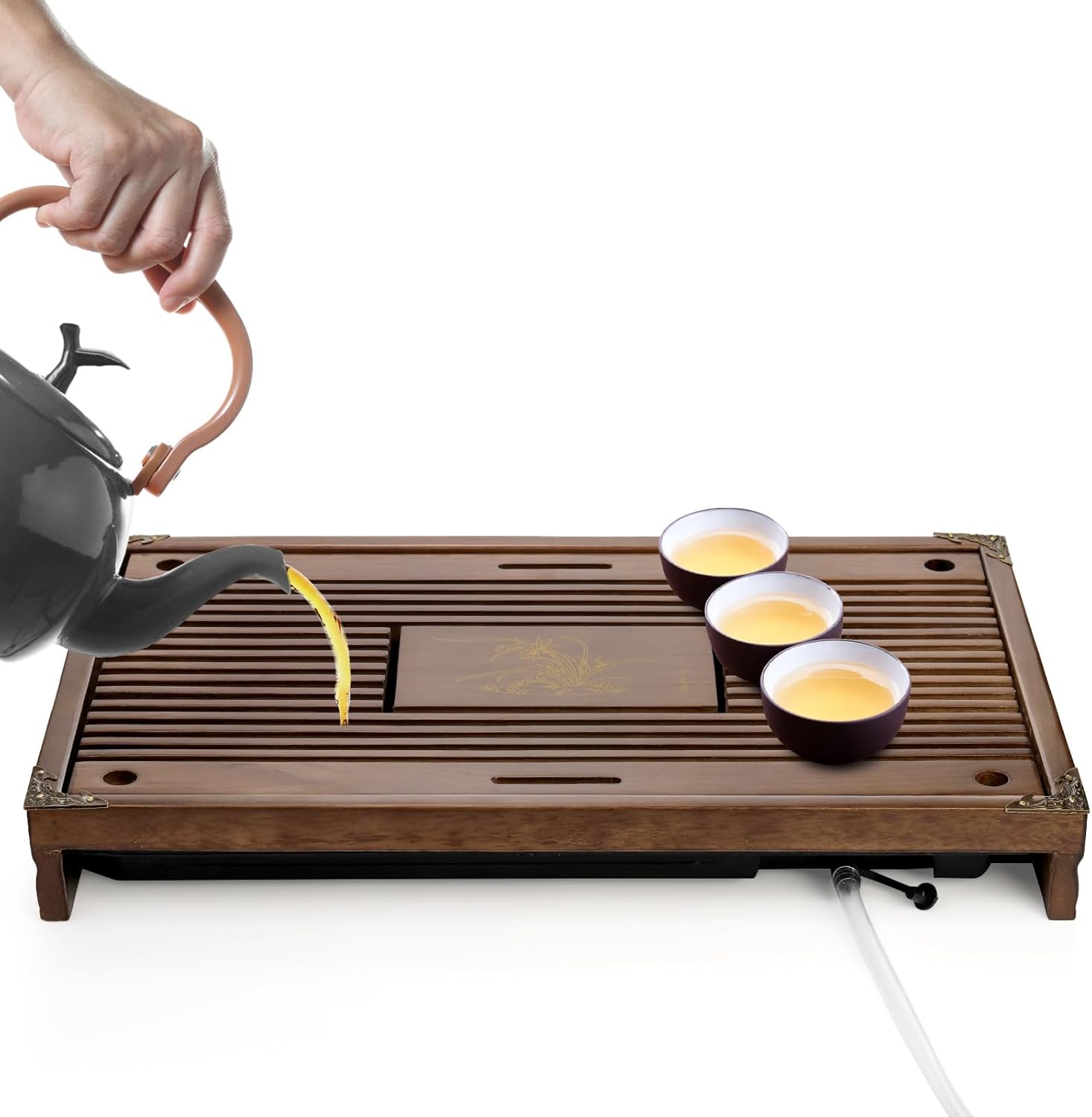 Wooden Gongfu Tea Tray with Drainage System – Traditional Tea Serving Tray for Tea Ceremony, Tea Table & Loose Leaf Tea Brewing