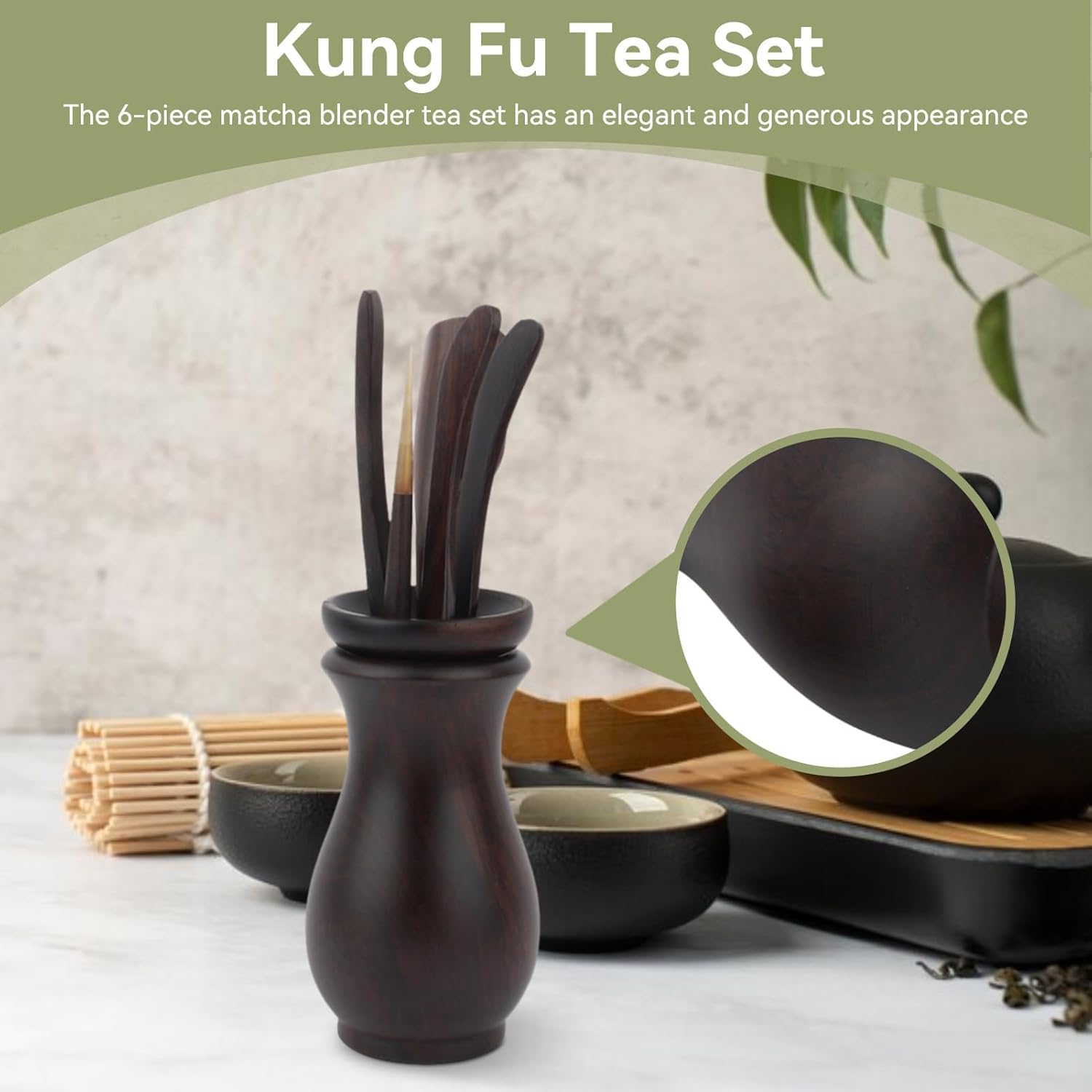 Wooden Tea Tool Set with Holder – Tea Scoop, Tea Pick & Tea Accessories Organizer for Gongfu Tea Ceremony