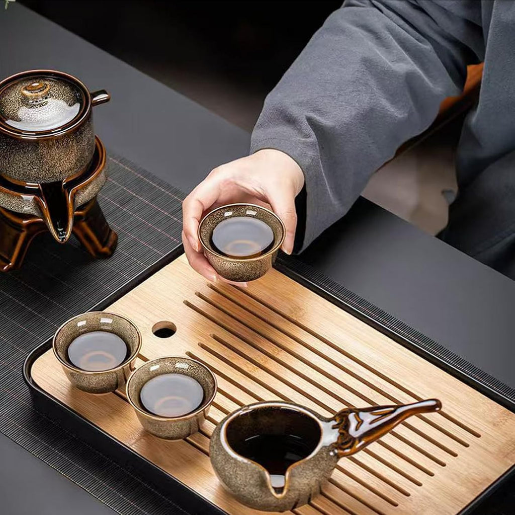 Ceramic Tea Set with Tea Filter and 6 Cups, Traditional Tea Service Set for Loose Leaf Tea