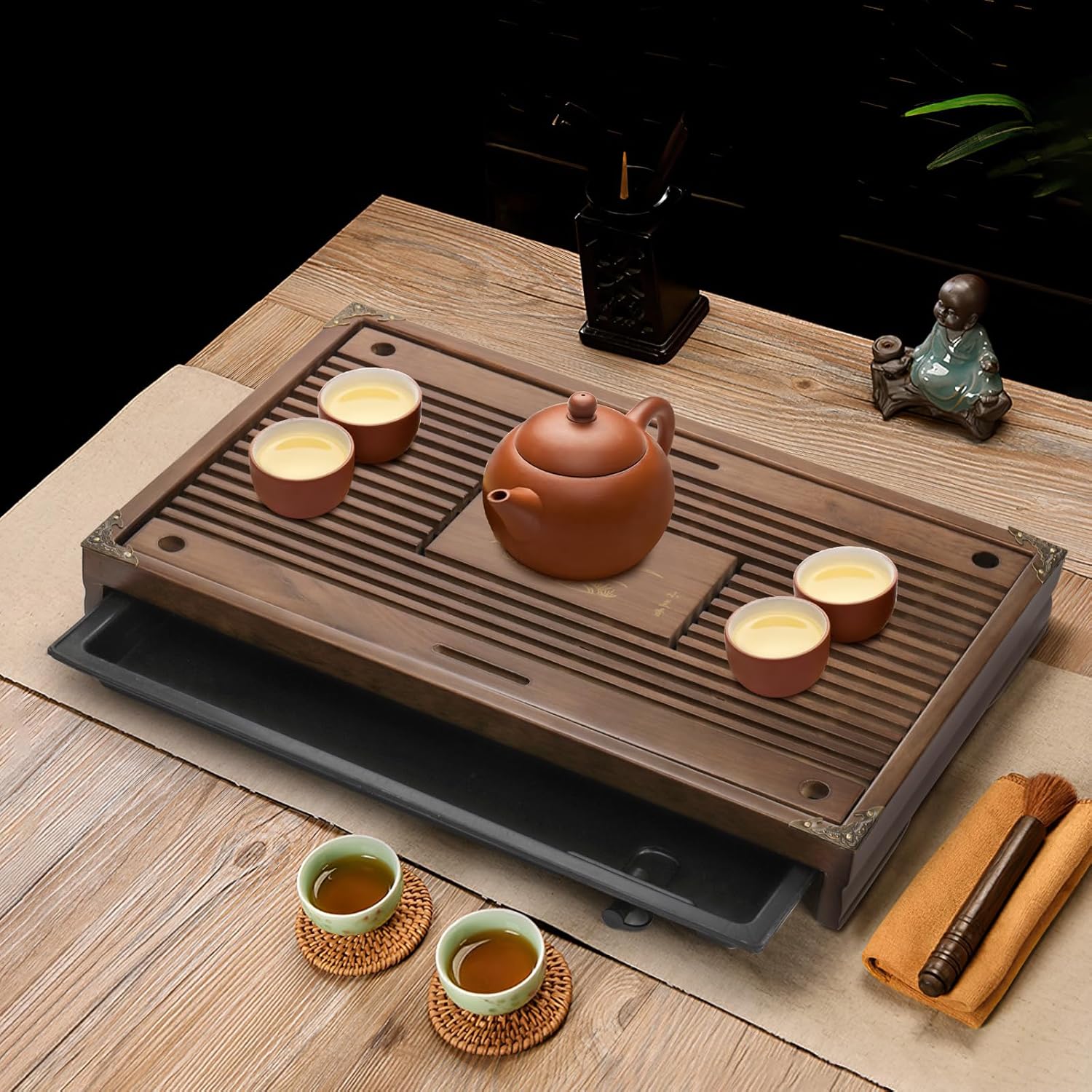 Wooden Gongfu Tea Tray with Drainage System – Traditional Tea Serving Tray for Tea Ceremony, Tea Table & Loose Leaf Tea Brewing